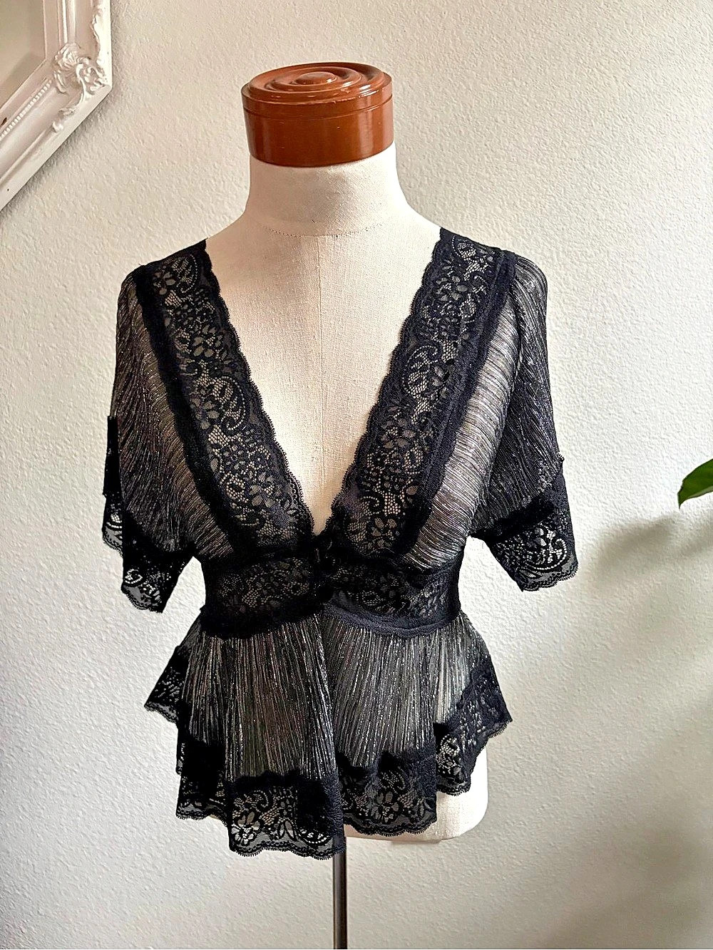 Forever 21 Metallic Sheer w/ Black Lace Details Peplum Blouse SZ- Small NWOT